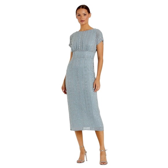 Mac Duggal 93649 Blue Beaded Cap Sleeve Empire Waist Midi Dress Size 6 $498 - Picture 5 of 8